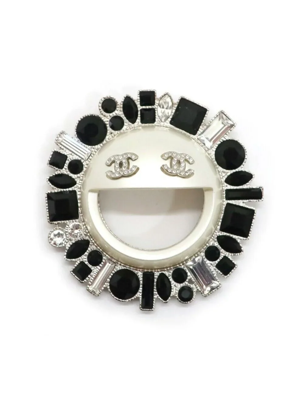 Chanel Heaven Smile Brooch CC Logo Faux Pearl Rhinestone 16K White Black Silver